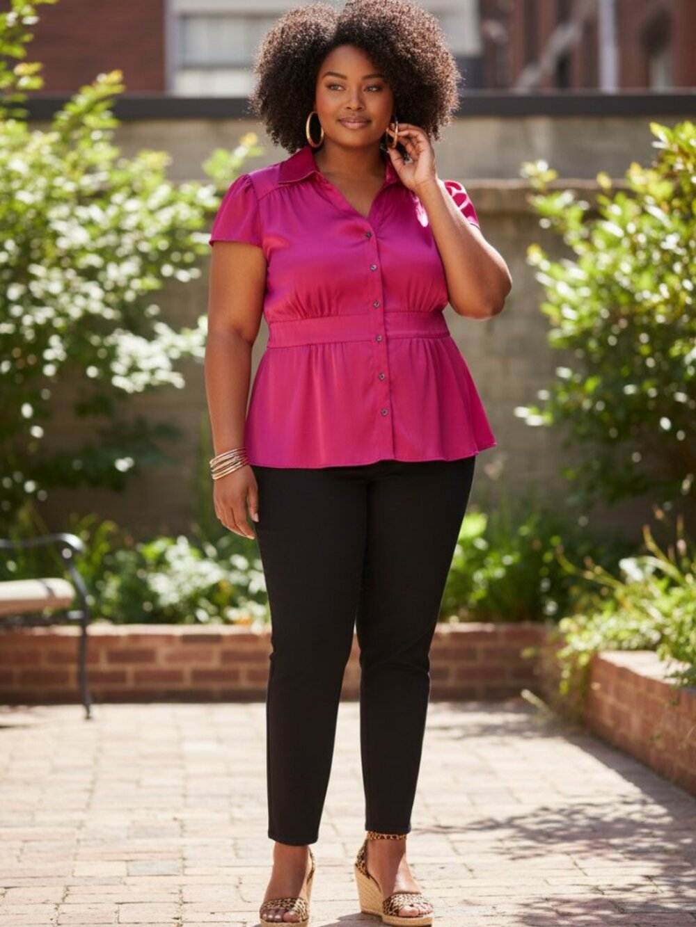 Cato Woman Womens Fuchsia Satin Peplum Button Down Blouse Size 14/16W